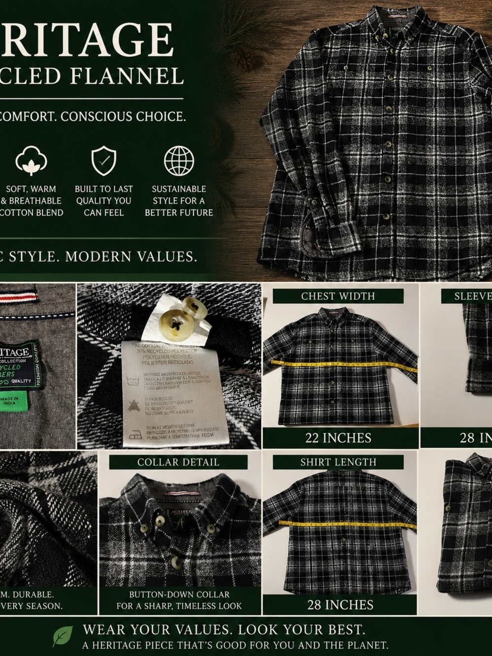 HERITAGE Recycled Fibers Plaid Button-Down Shirt – Size Medium WMVXLI